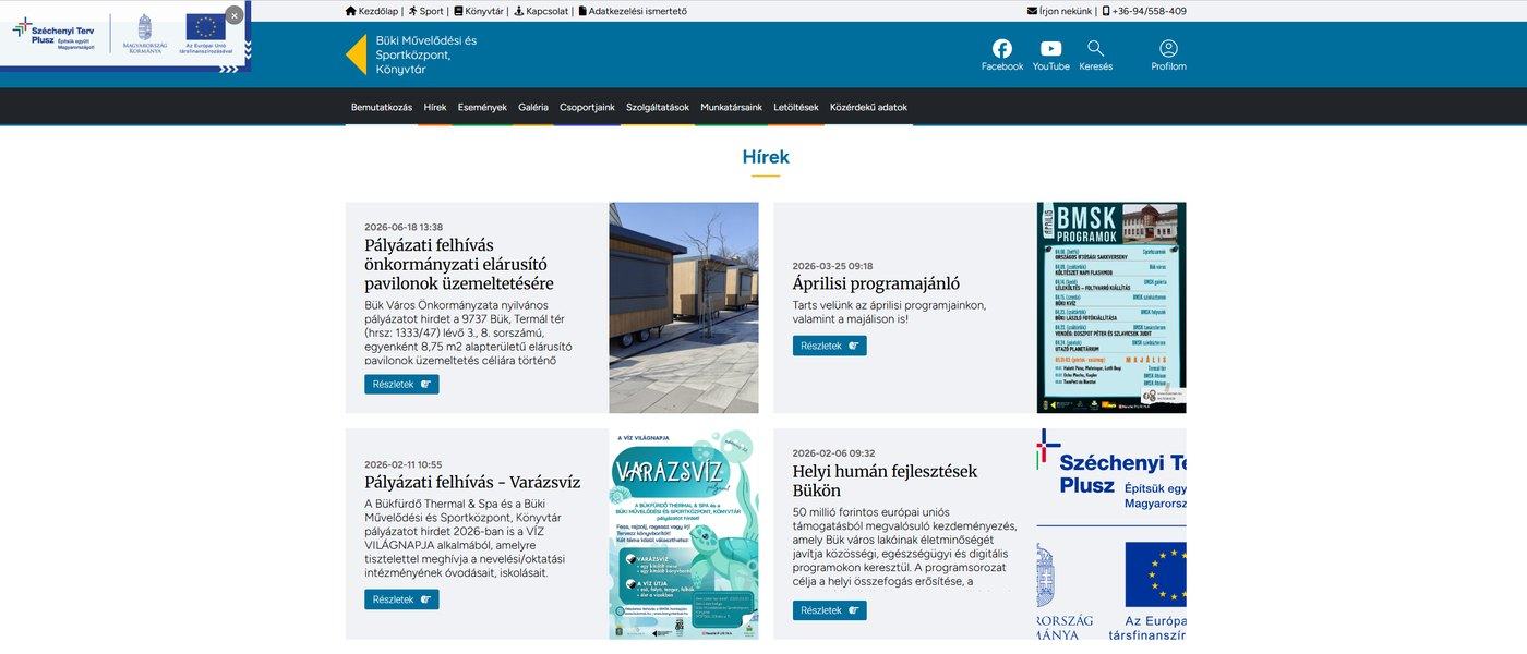 A bukmsk.hu hírek oldala: fejléc, menüsor és a legfrissebb hírek kártyákban